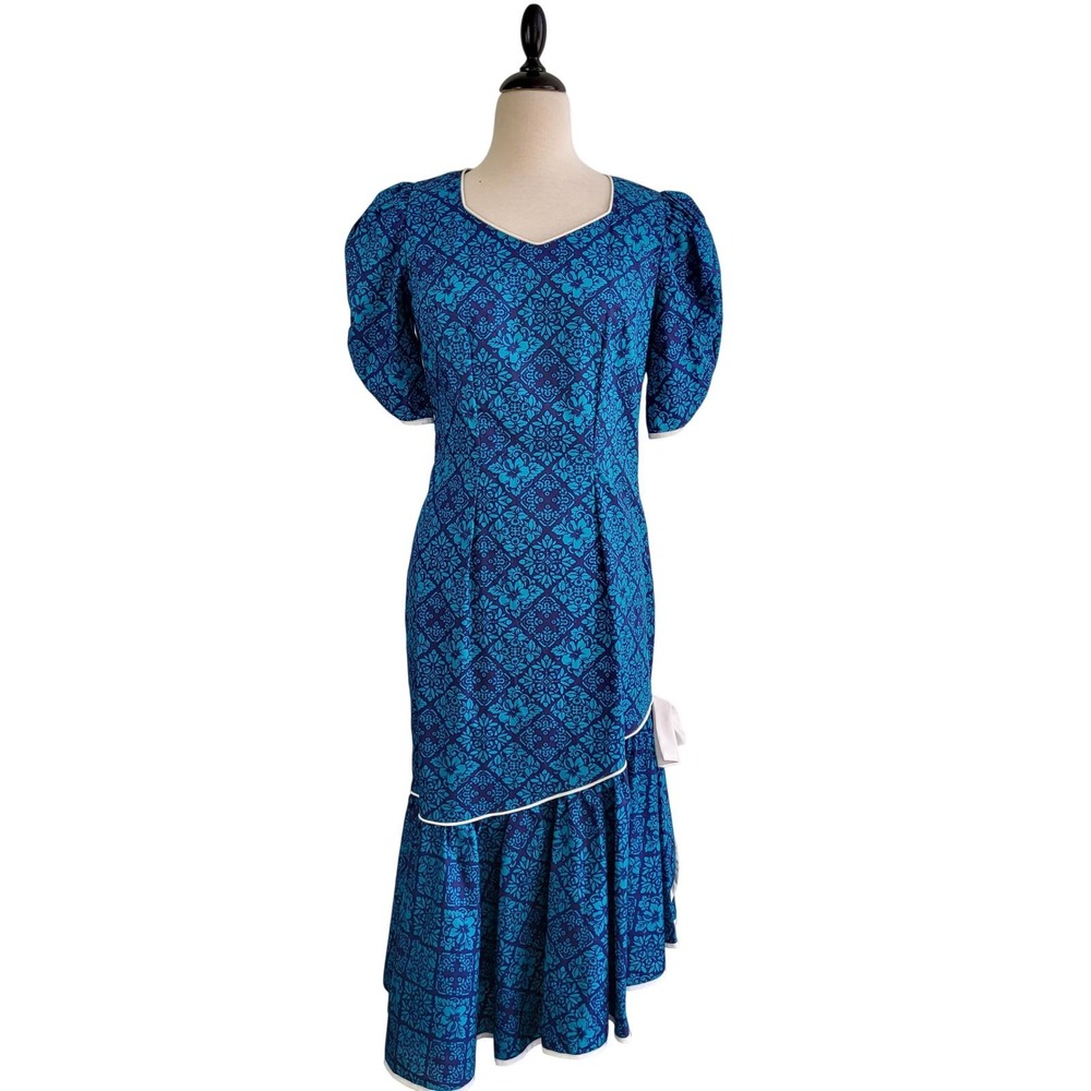 Vintage 90s Milkmaid Puff Sleeve Tiered Tea Dress Blue Floral Sweetheart‎ M NWT
